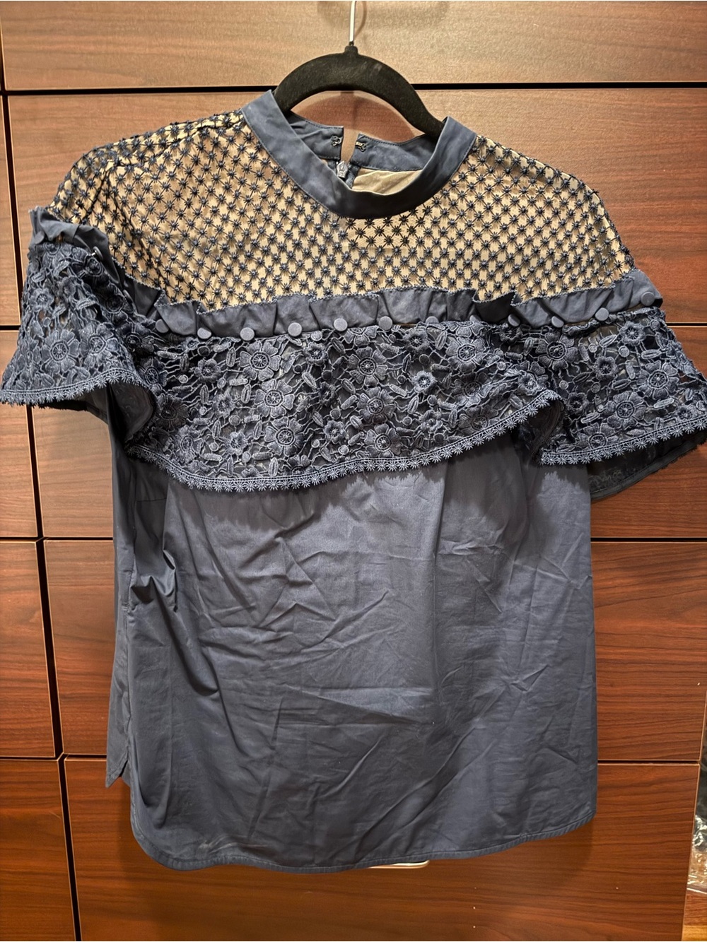 Self-Portrait Navy Lace & Mesh Ruffle Top - Picture 4 of 7